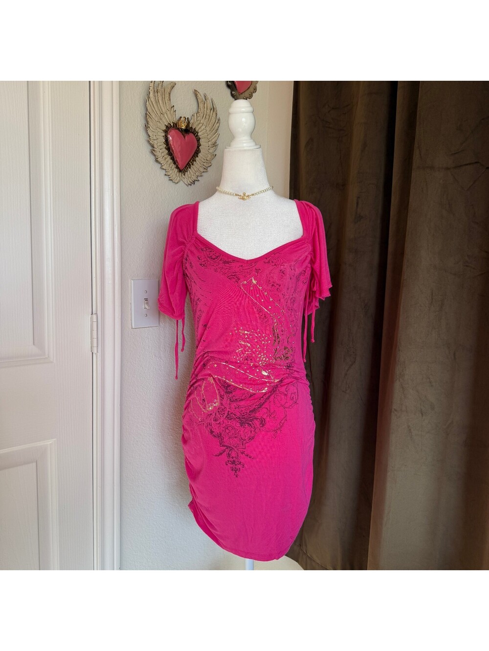 Y2K Southpole Women's Bodycon Pink Short Sleeve Ruched Dress Size M